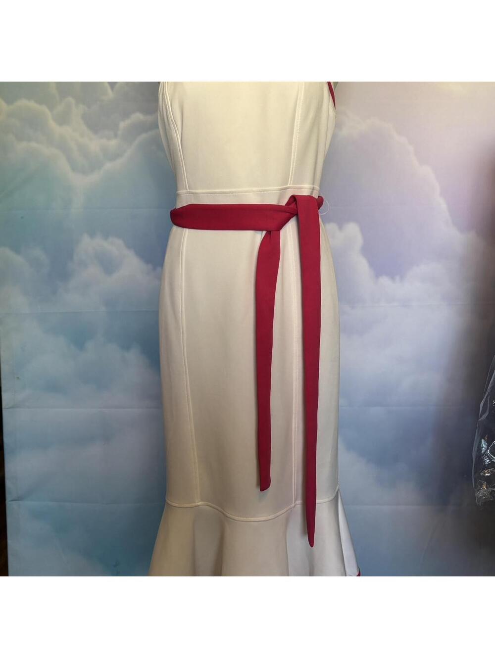 Strapless White Dress with Pink Waist Tie and Hem Accent - Picture 3 of 8
